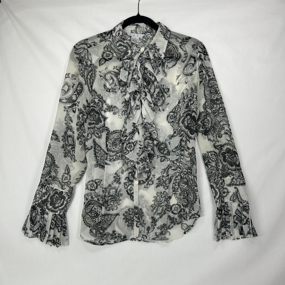 Cabi Sheer Black & White Paisley Ruffle Front Button Down Blouse Pleated Cuffs M
